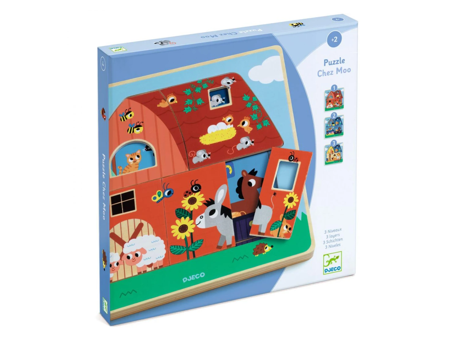 Djeco DJ01482 - Puzzles Bois 3 Niveaux - Chez Moo 3 Djeco DJ01482 - Puzzles Bois 3 Niveaux - Chez Moo